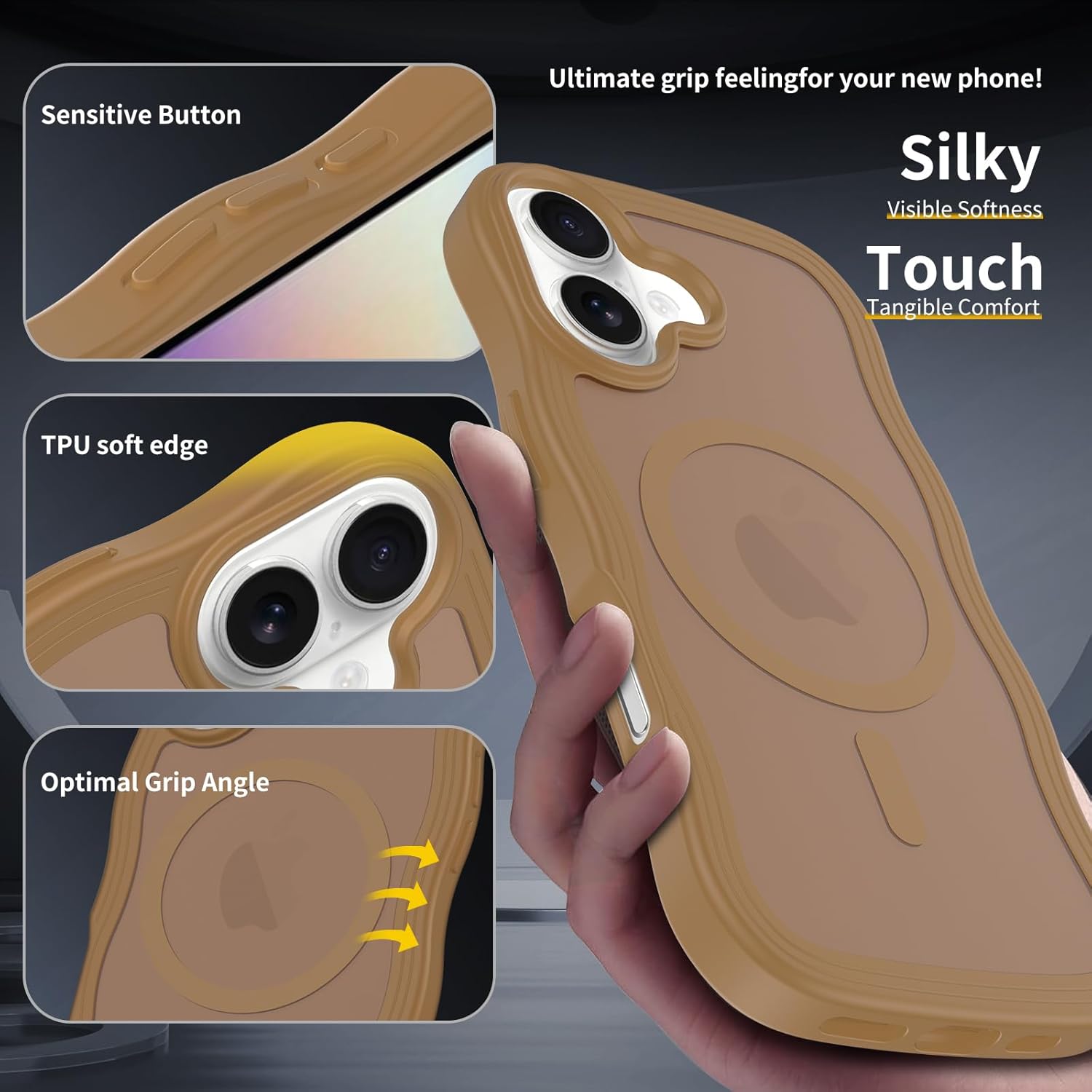 magnetic for iphone 17 case, (compatible with magsafe) curly wavy frame hard translucent matte clear back cover for women men tpu bumper shockproof phone case (coffee brown) matte coffee brown for iphone 17