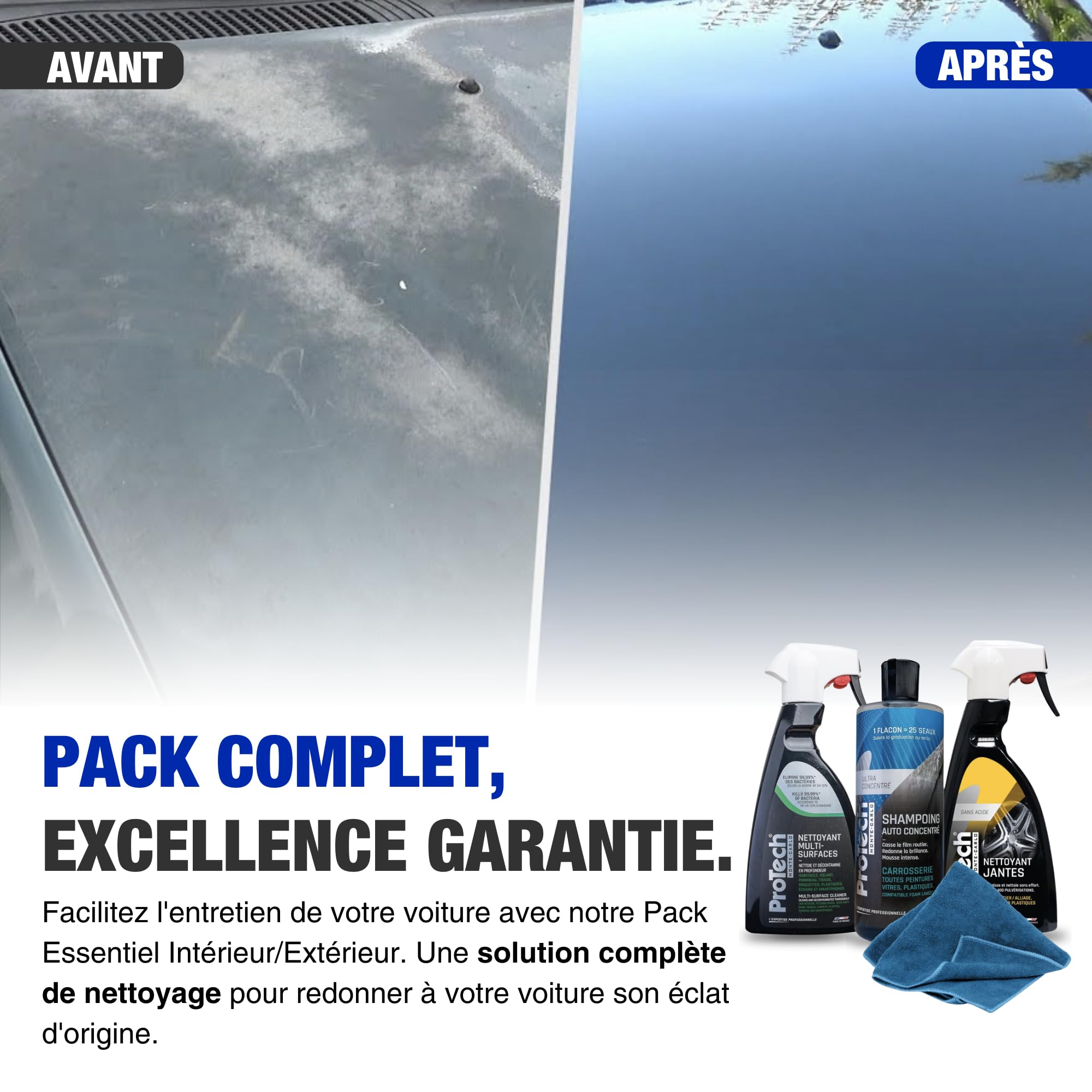 ProTechMC | Kit Nettoyant Voiture Interieur et Extérieur | Nettoyant Multi-Surfaces | Shampoing Carrosserie | Nettoyant Jantes | 3x500 ML | Inclut Microfibre 40x40 cm | Made in France