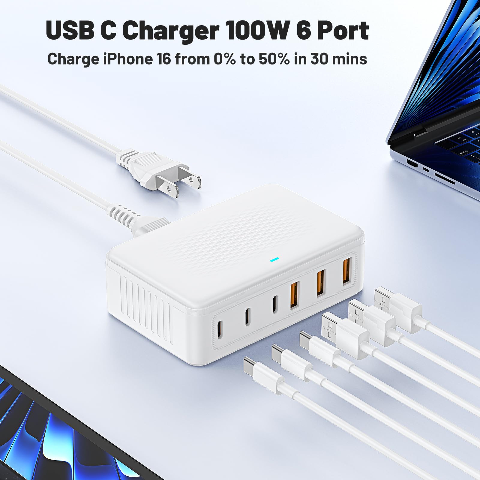 USB C Fast Charger Block, 100W GaN 6 Port Type C Charging Station Hub,Wall Charger Power Strip Adapter Plug Cube Brick for Apple iPhone 16 15 14 13 12 11 Pro Max/iPad/Pixel/Samsung Galaxy S25 S24 S23