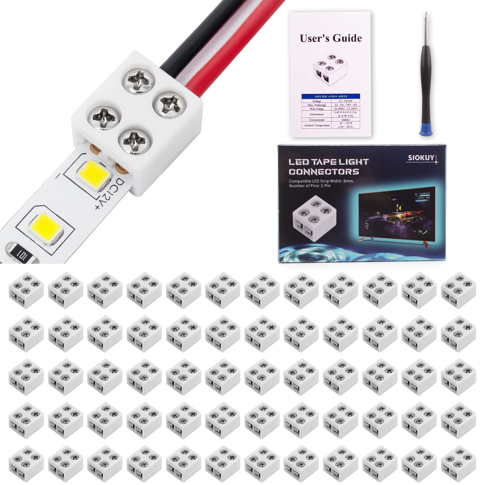 60 PCS 8mm 2-Pin Solderless LED Strip Connectors, Reliable Led Light Strip Connectors Screw Down 8mm Tape to Wire, Easy-to-Install Led Connector, Solidly Connected Led Connectors for Strip Lights…