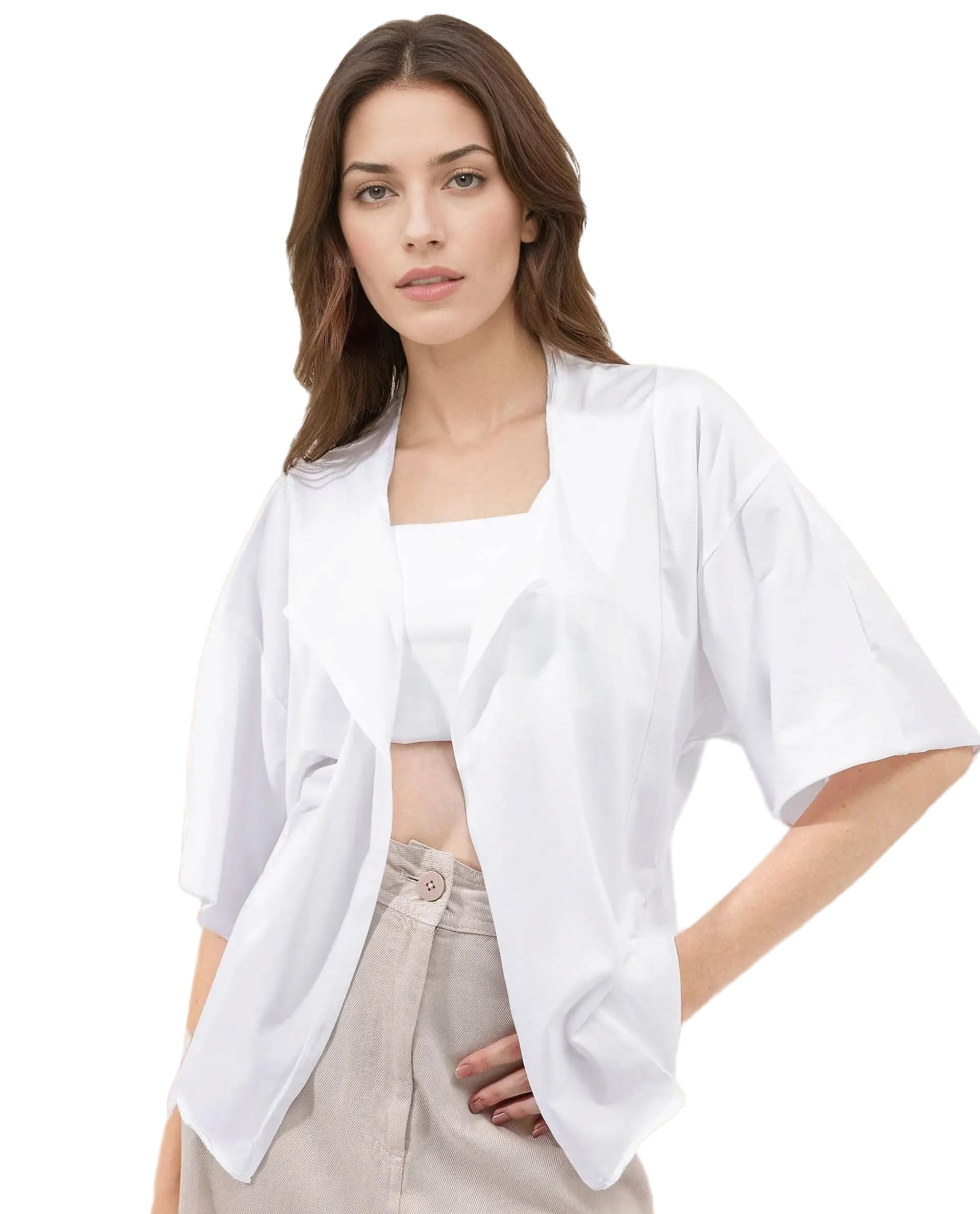 Women Relaxed Solid Black Cotton Collarless 3/4 Sleeve Shrug-image-8