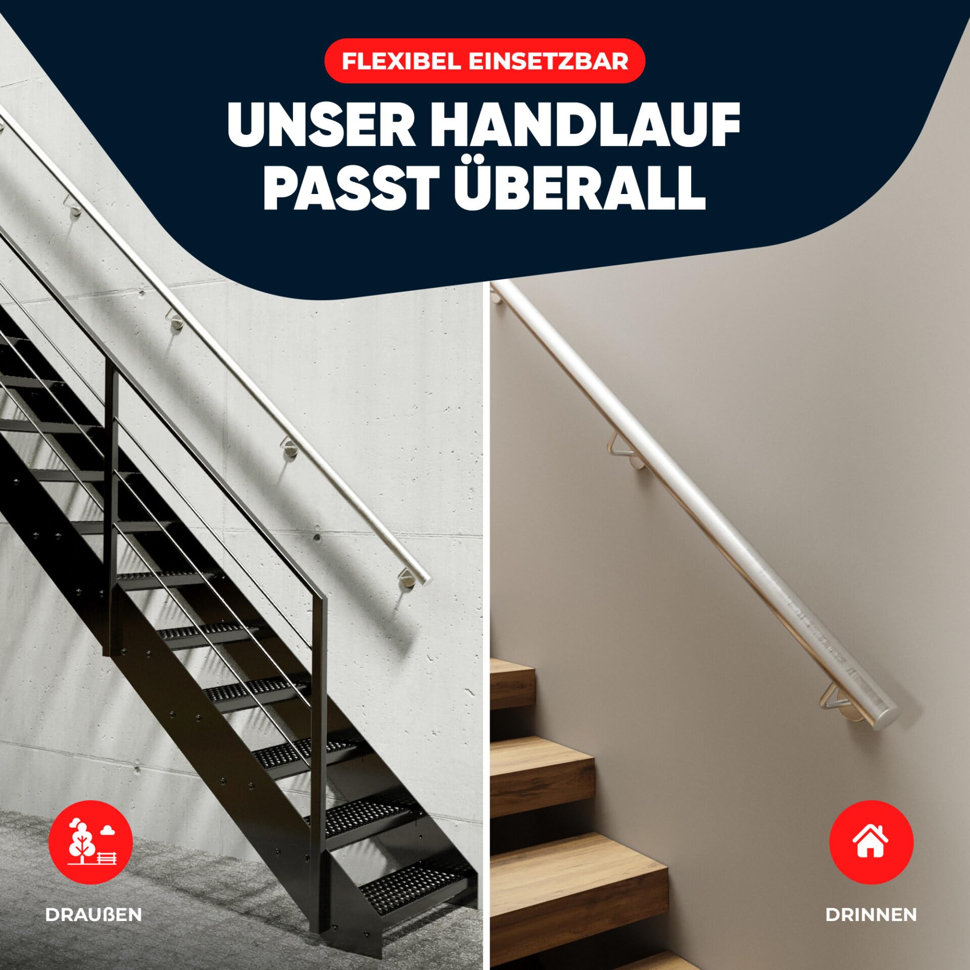 Handlauf Edelstahl Ø 33,7 mm, Markenhandläufe, für Außen- & Innenbereich, Wandhandlauf Brüstung Geländer, 4 verschiedene Varianten