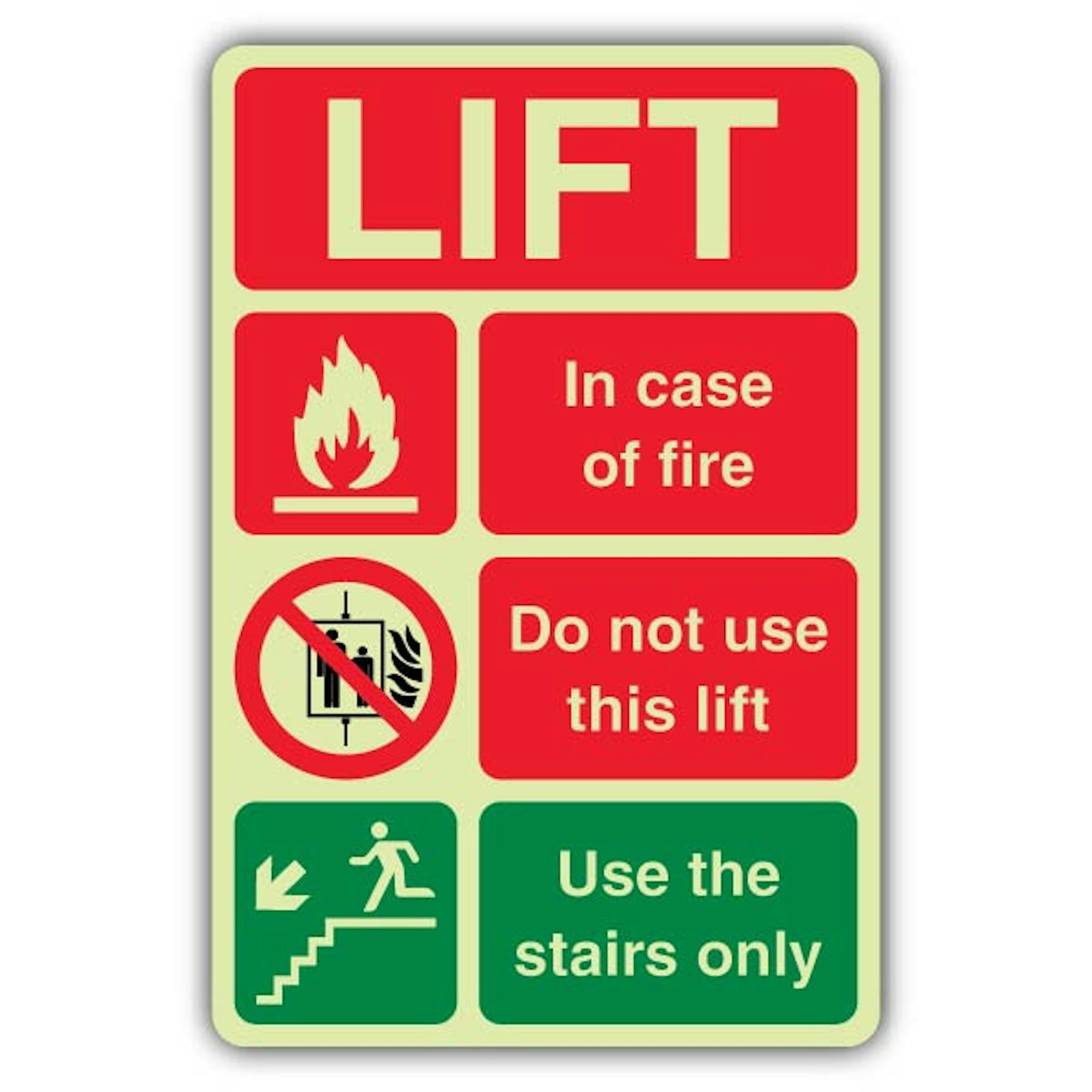 Señal de seguridad V Safety que brilla en la oscuridad, 300 x 450 mm, hecha de plástico rígido de triple brillo, señalización de seguridad contra incendios, fabricada en Gran Bretaña