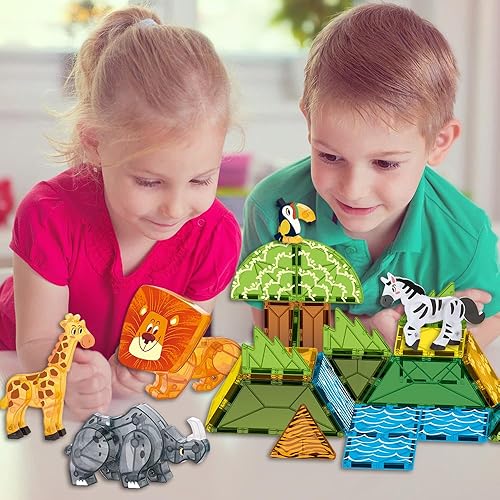 Miniatura 5 de Juego de azulejos magnéticos, juguetes temáticos de animales de pastizales, azulejos magnéticos, bloques de construcción, juguetes para niños de 5 a