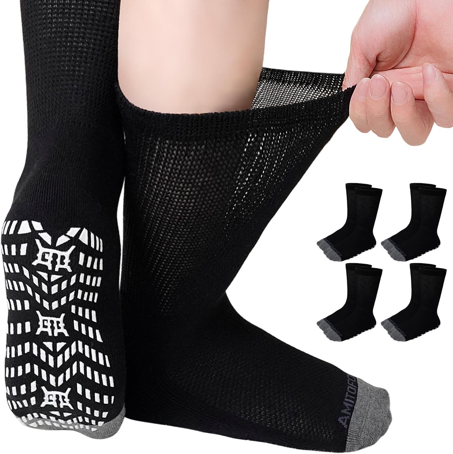 CaiDieNu Non Slip Diabetic Socks: 4 Pairs Non Binding Hospital Socks for Men Women with Grips Elderly Edema 9-15