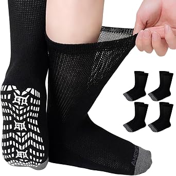 CaiDieNu Non Slip Diabetic Socks 4 Pairs Non Binding Hospital Socks for Men Women with Grips Elderly Edema 9-15