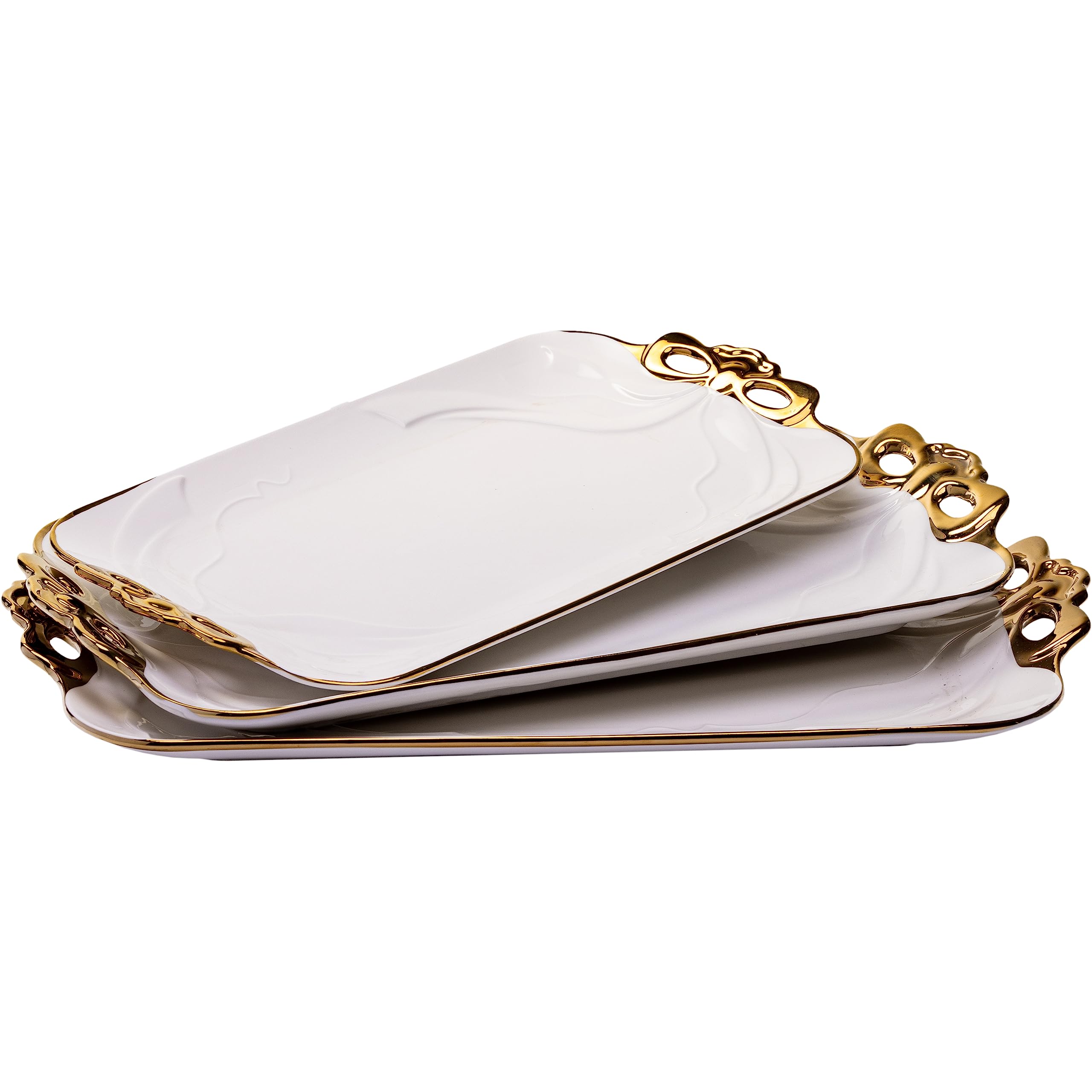 Yasmeen Artisan Flat Ceramic Platters | Flat Serving Ceramic Plates | Set of Three Serving Platters | Rectangular White Serving Plates | Platters for Appetisers, Main Course, Desserts and Snacks