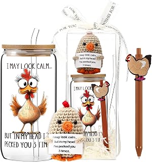 LemonRoad 6 Pcs Funny Chicken Lover Gifts for Women Chicken Themed Gifts Stuff Glass Cup Tumbler Crochet Animals Ballpoint Pens Ribbon Raffia Grass Box for Lady Birthday Christmas