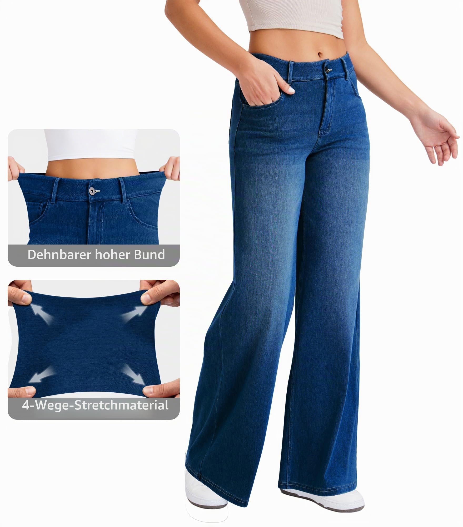 LaiEr Damen Jeans mit Weite Bein mit klassischem Knopf und Reißverschlussfront Design,Geradem Schnitt,Lockerer Passform,Hochelastische Denimhose,Geeignet für Freizeit,Yoga und Fitness