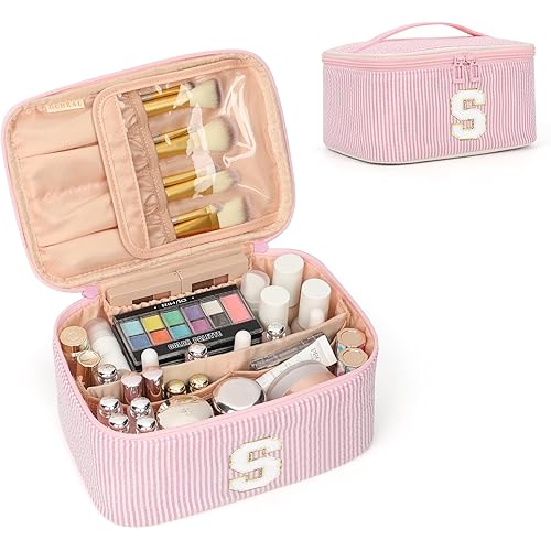 OCHEAL Makeup Bag for Women, Monogram Cosmetic Bag with Brush Holder, Pink Travel Makeup Case Beauty Toiletry Bag Organizer Personalized Gifts for Girls Bridesmaid, Sister, Wife, Friends Initial S