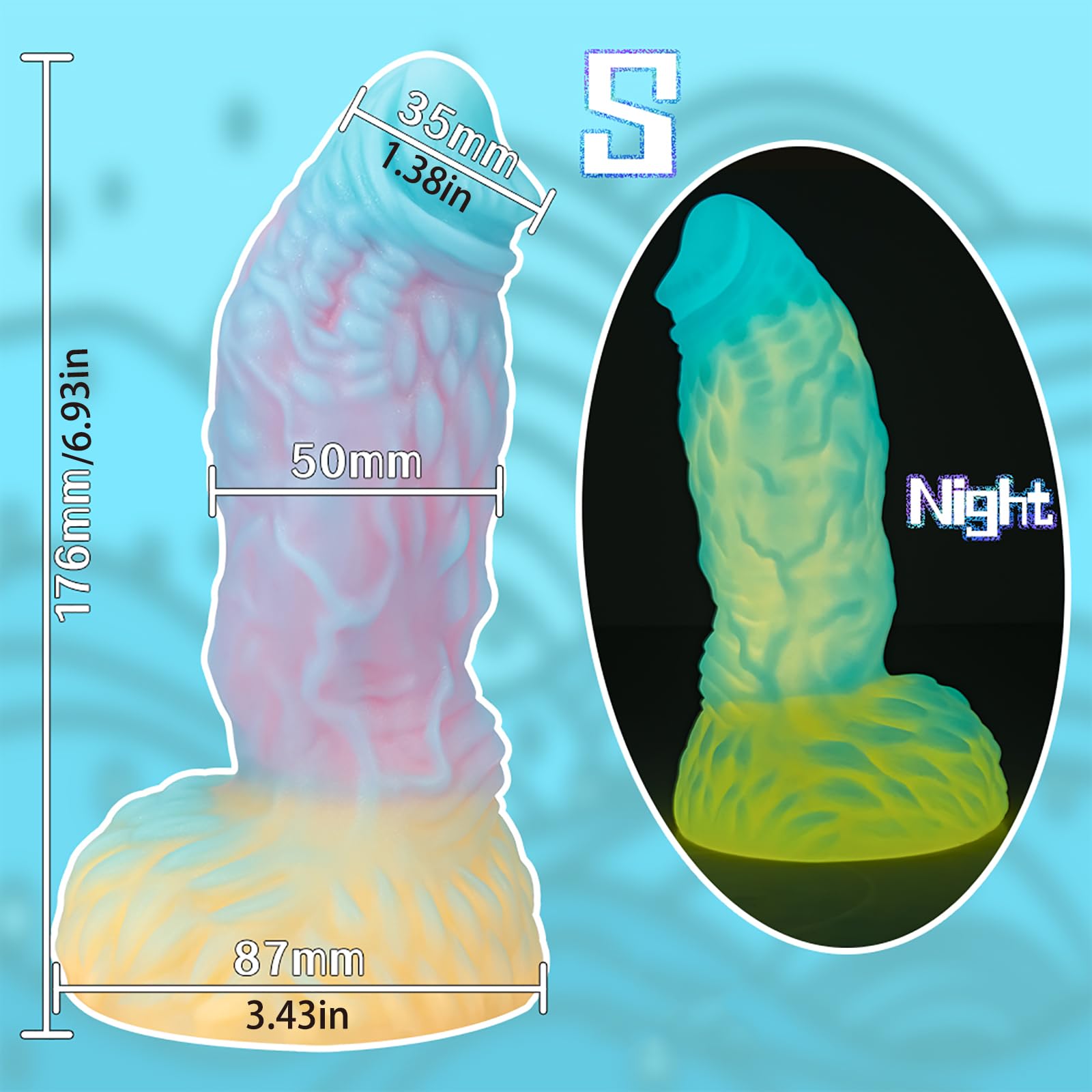 7.72 Inch Pink Yellow uminous Realistic Dildo with Strong Suction Cup, Double Liquid Silicone Realistic Dildo Fake Penis Adult Sex Toy for Man Woman - L: S