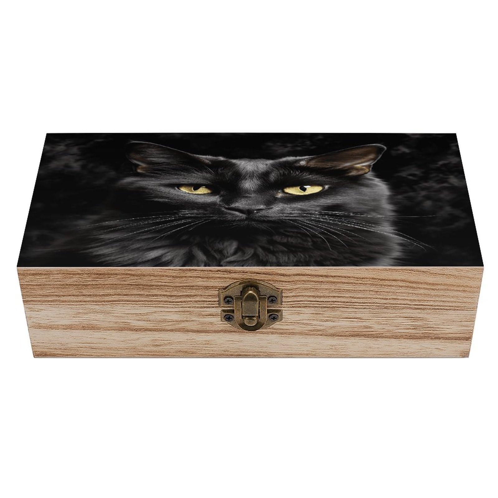 Btcowzrv Style A Black Cat On A Black Background Wooden Storage Box, Keepsake Box With Hinged And Retro Lock, Wood Jewelry Organizer For Photos & Mementos And Home Decor