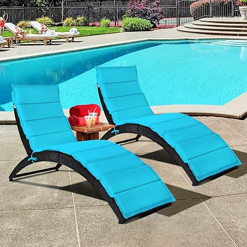 COSTWAY 2PCS Plegable Patio Rattan Lounge Chair Chaise Acolchado Portable Césped Turquesa
