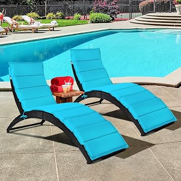 COSTWAY Folding Rattan Lounge Chair Outdoor, Patio Wicker Chaise Lounge