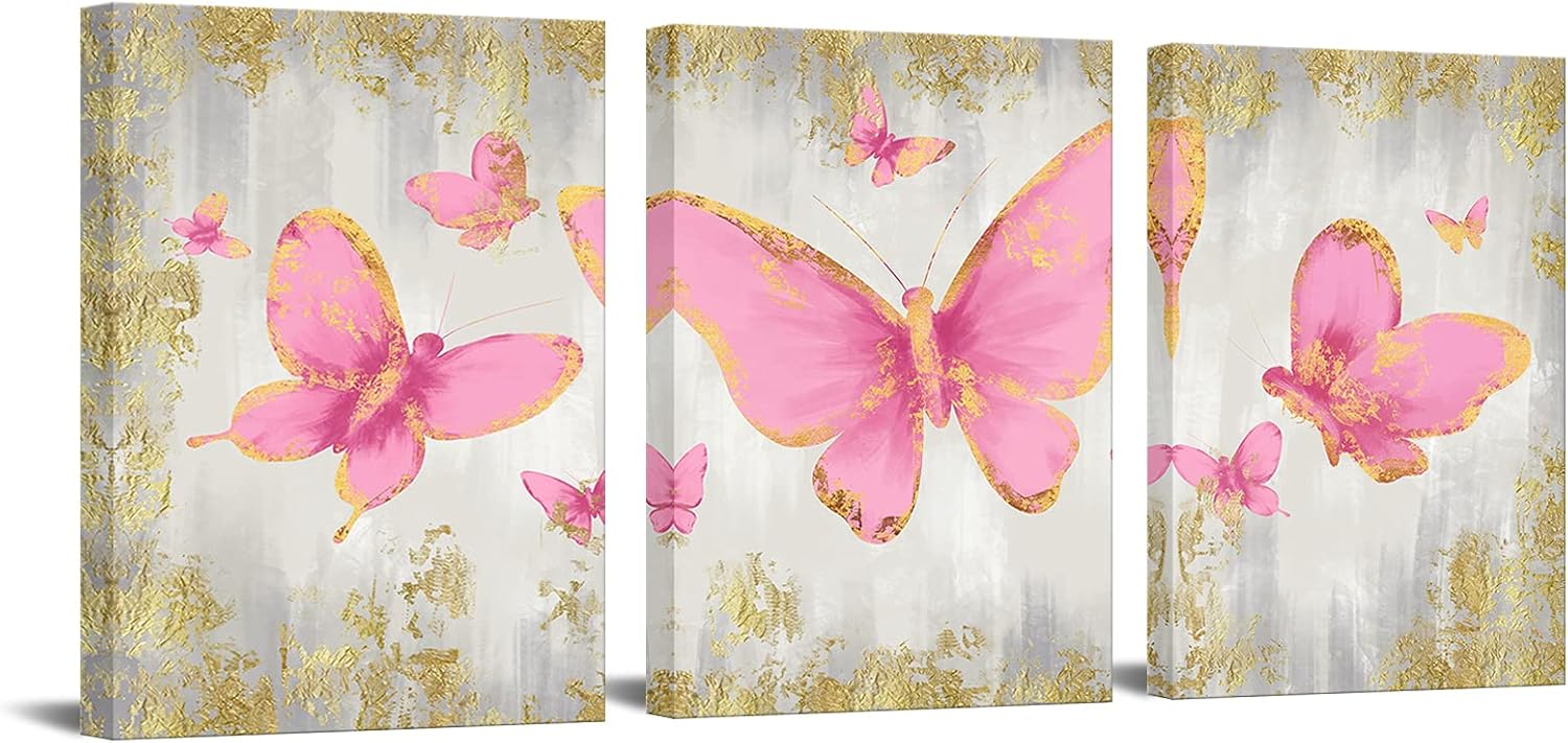 RyounoArt Butterfly Wall Decor Pink Butterflies Pictures Girls Bedroom Decor Bathroom Wall Decorations Framed 12"x16" Each
