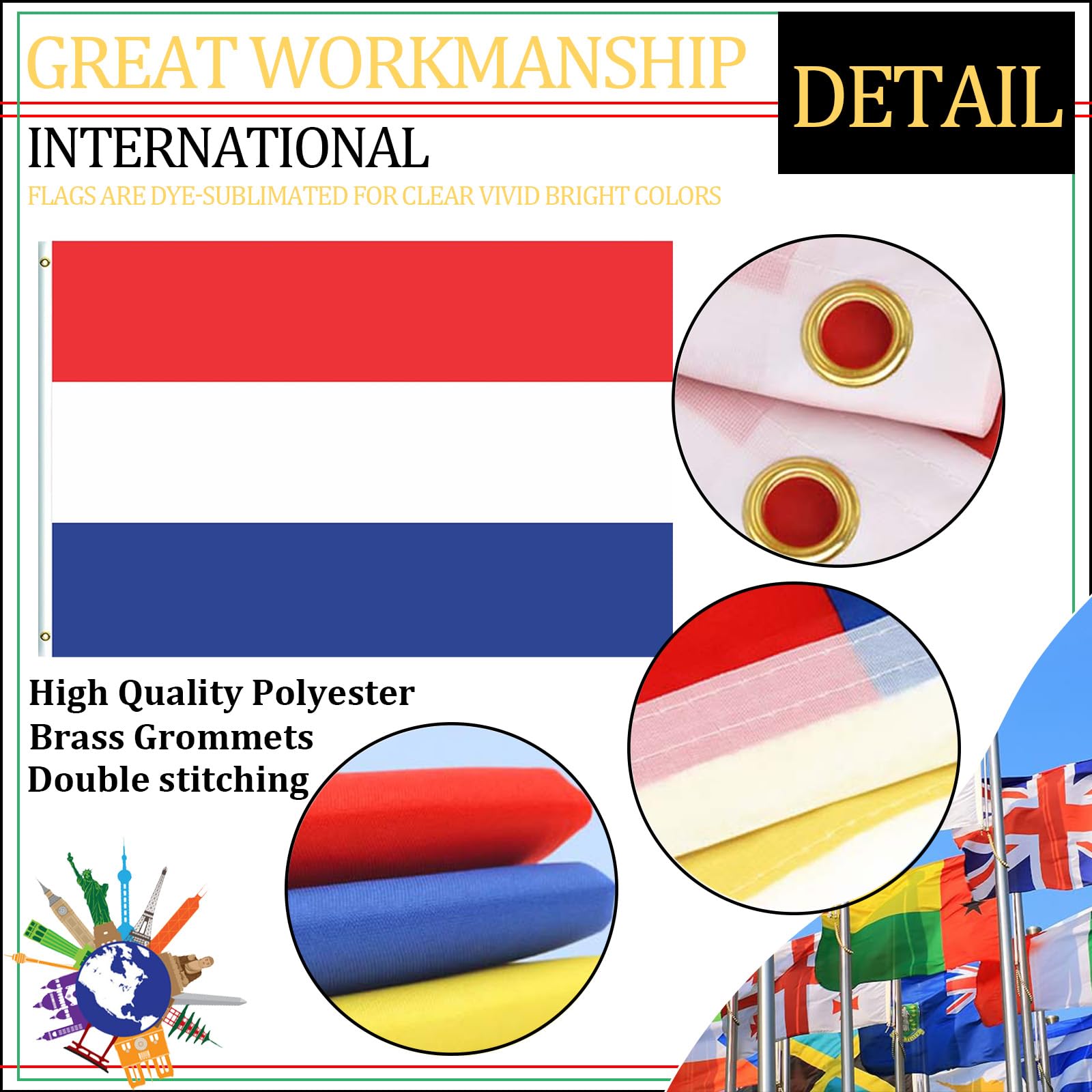 Large Netherlands Flag 5ftx3ft with Eyelets for Fifa World Cup Football 2026 Decorations,Big Nederlanden Flags for Indoor Outdoor Garden Sport Event Eurovision Euro Football French Party Decorations - Image 3