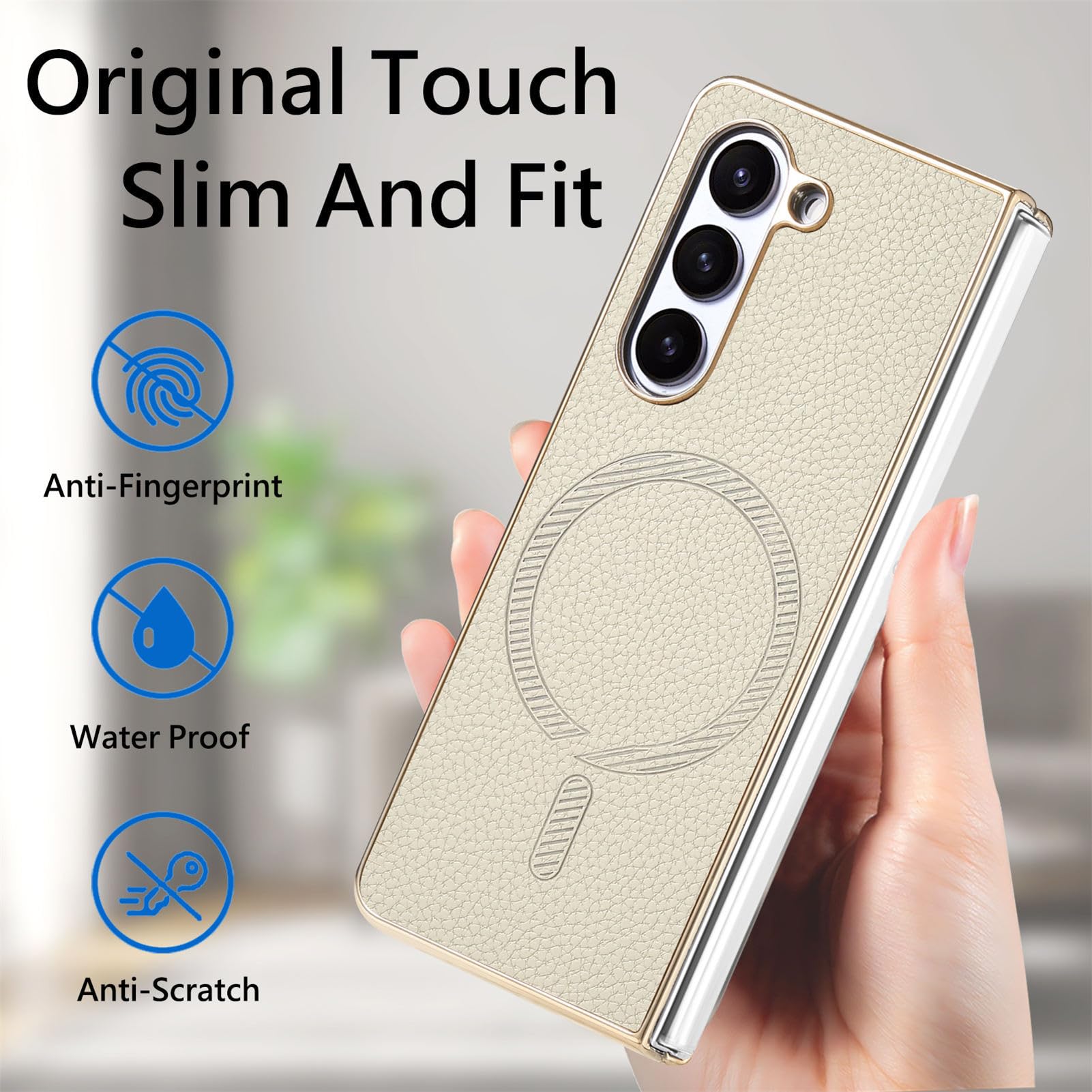 Magnética Funda para Samsung Galaxy Z Fold 6, Galvanoplastia Marco Cuero Carcasa con Pantalla Protección Inalámbrica Carga Estuche,Verde