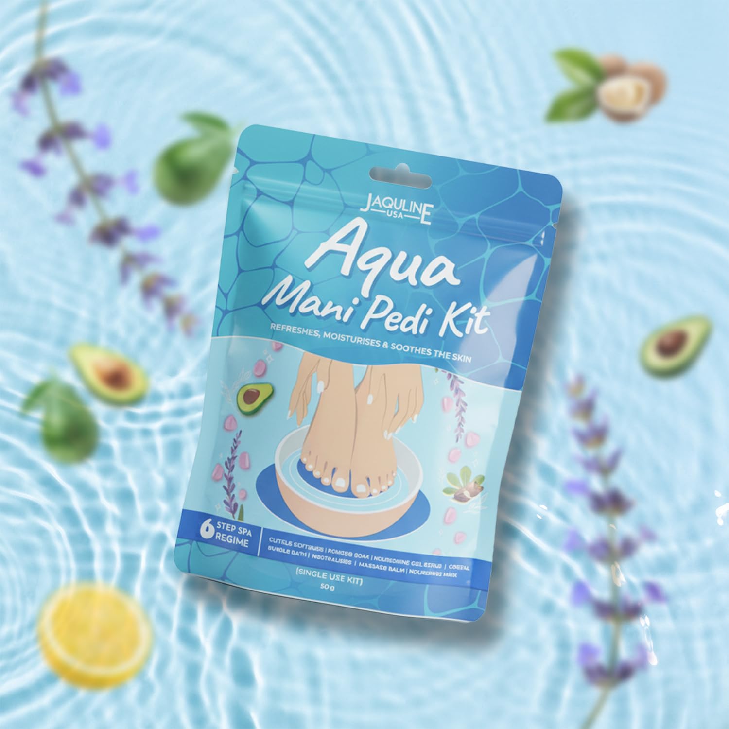 JAQULINE USA Aqua Manicure & Pedicure Kit | 6 Step Spa Kit | Nourishes, Softens & Repairs Skin | Single Use Hand & Foot Care Kit | Travel Friendly