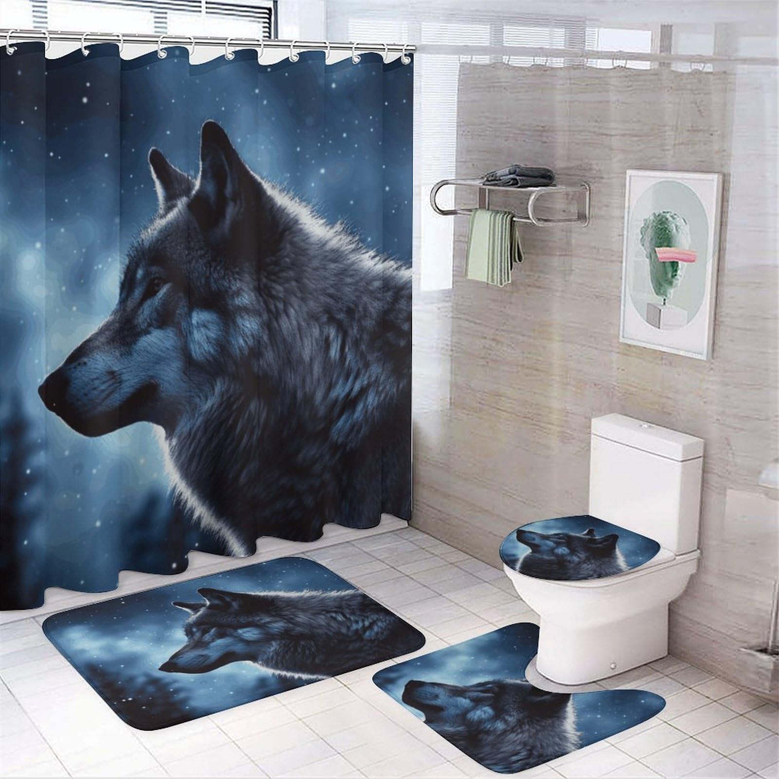 Rideau de douche motif loup et tapis anti-glisse pour sécuriser la salle de bain