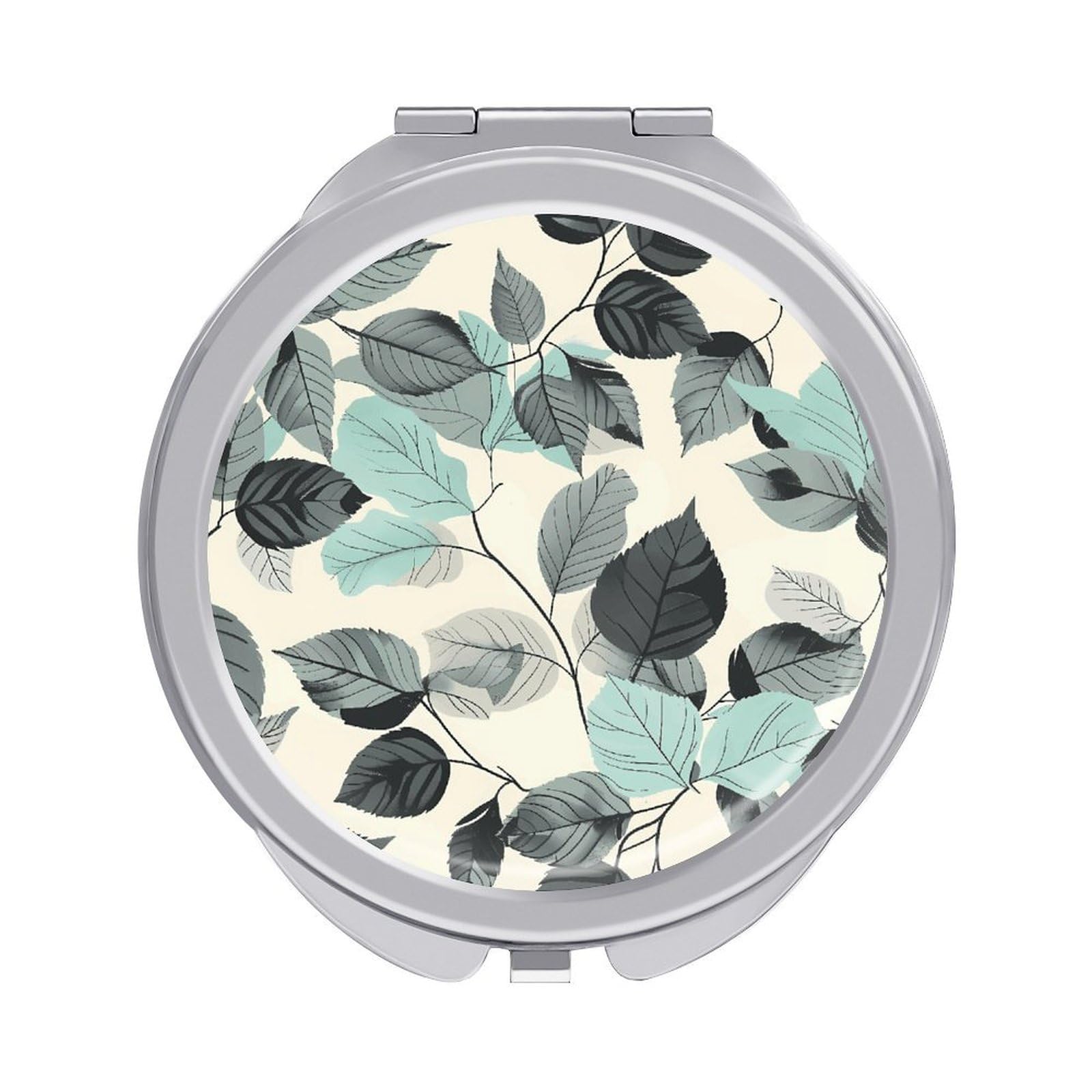 JTREHY Mint Gray Leaves Makeup Mirror Portable Folding Mirror Compact Travel Mirrors 2-Sided Round Pocket Mirrors Cute Handheld Beauty Mirror for Handbag Purse for Women Gift
