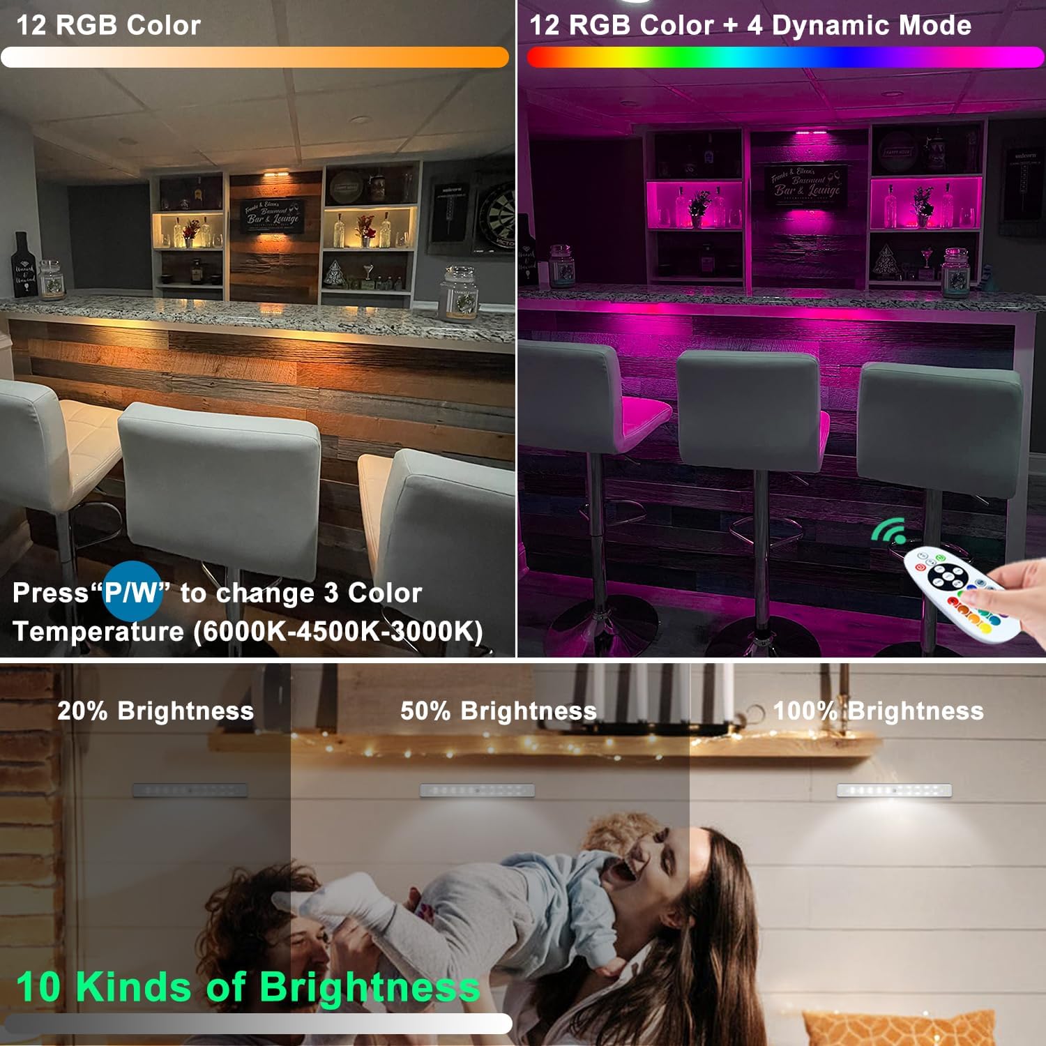 Under Cabinet Lighting Wireless Rechargeable Battery Operated LED Closet Lights Dimmable Under Counter Lights Bar with Remote, RGB Changing Perfect for Kitchen Bedroom Stairs, 4 Packs