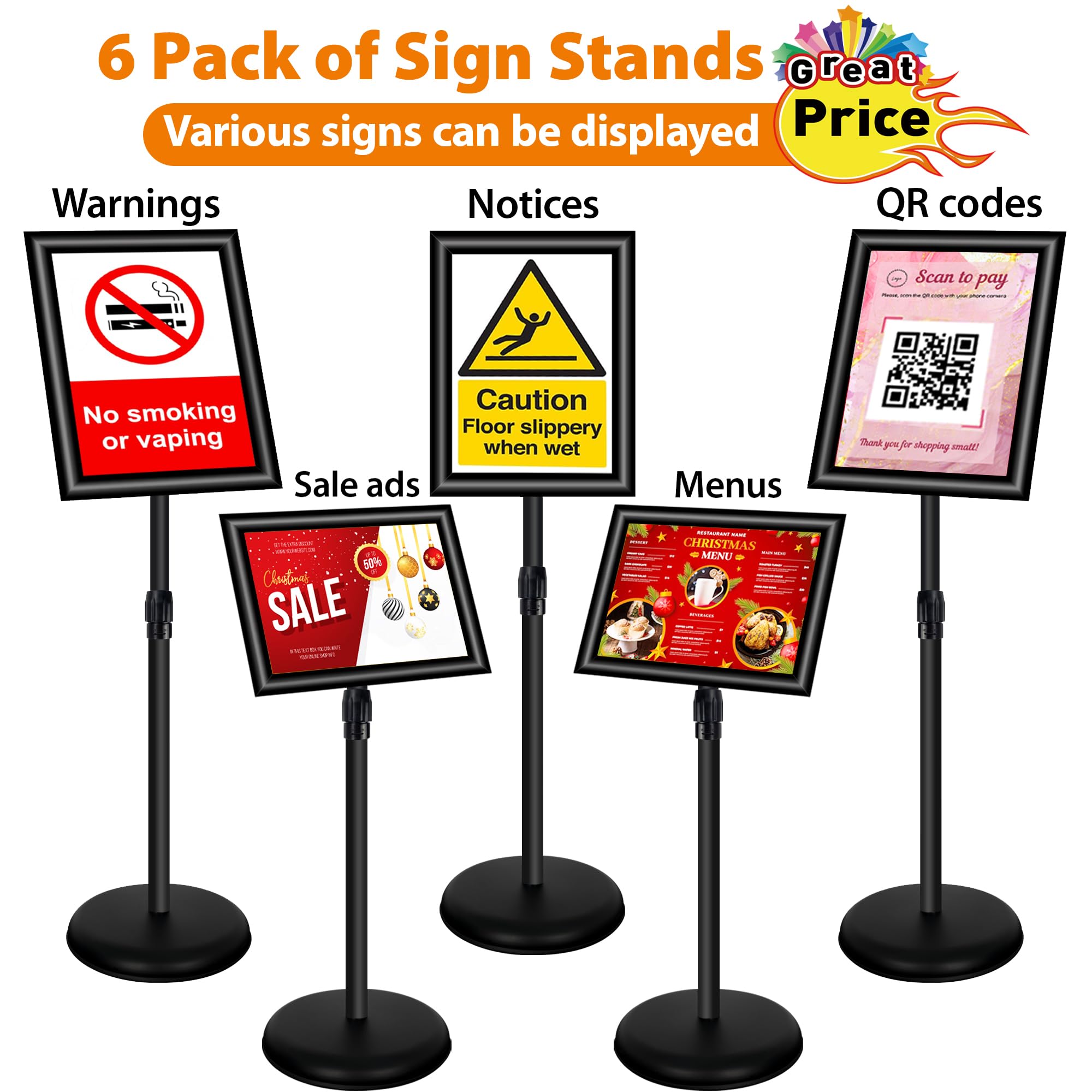 6Pack Supporto regolabile per cartelli A3 Alluminio Poster Menu Stand Supporto per cartelli da terra per poster, menu, annunci, vendite, supporto per avvisi, nero
