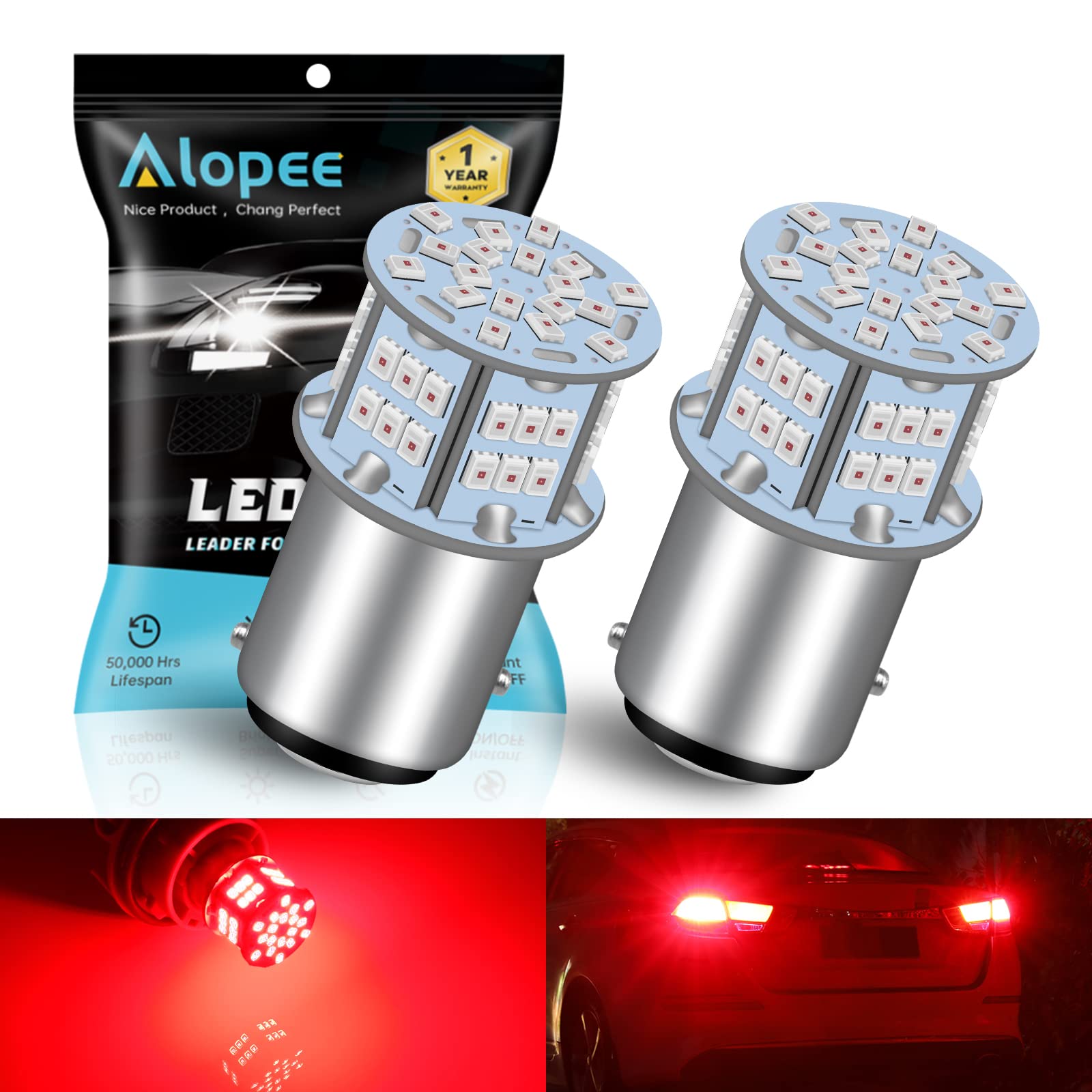 Alopee 382 P21/5W Led Brake Stop & Tail Light Car Bulbs Red 12V-24V Extremely Bright 2016 54SMD Replacement for Car Led Brake Light, Rear Tail Position Bulbs (2-Pack)