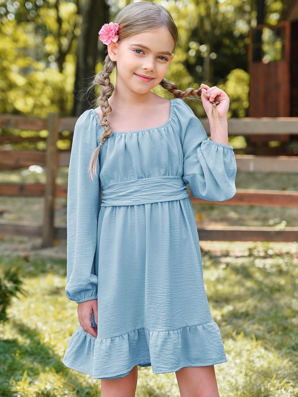 Batermoon Girls Long Sleeve Tie Back Dress Kids Fall Square Neck A-Line Mini Dresses 5-14 Years - Image 5