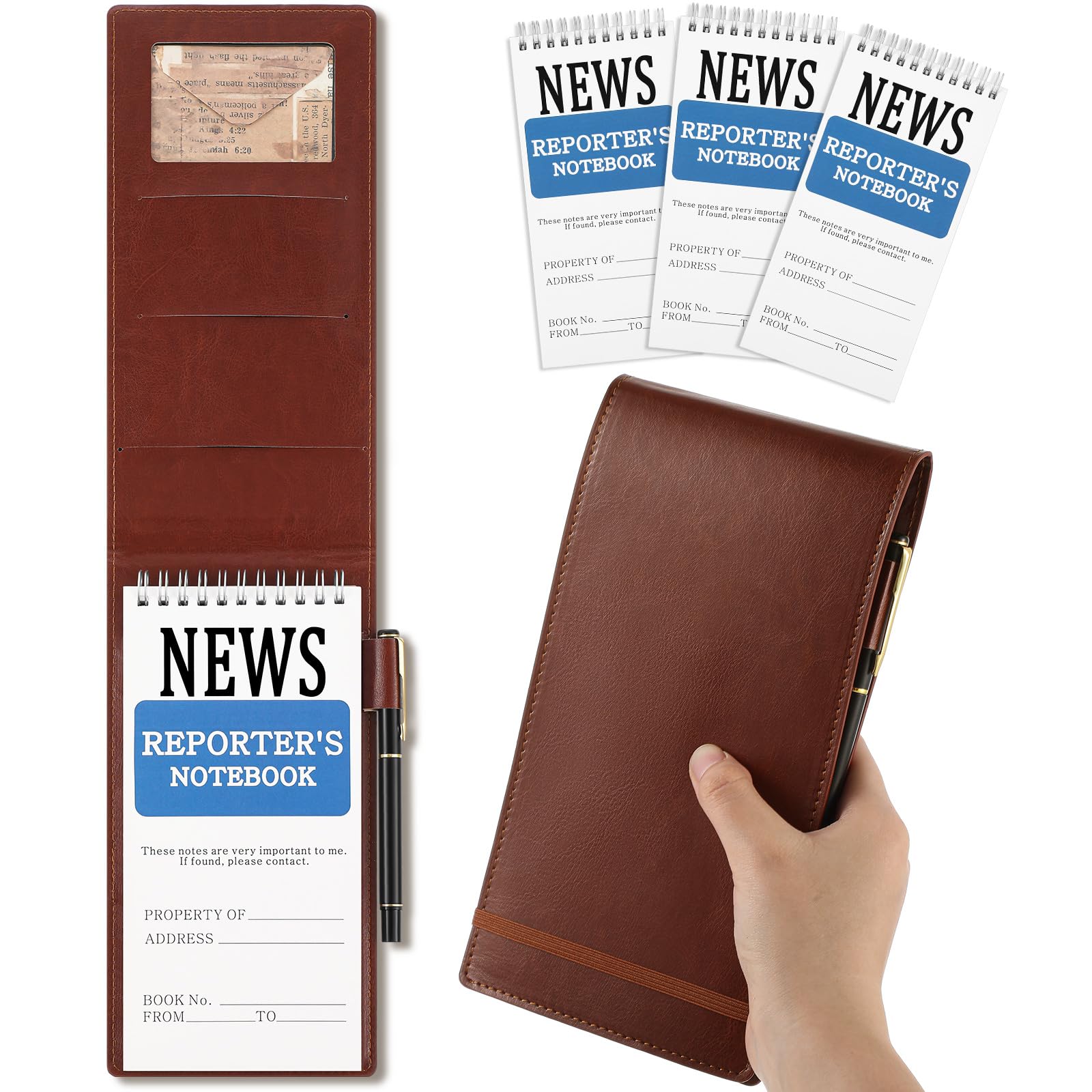 3 Pcs Reporters Notebook with PU Leather Cover Journalists Notebook Steno Pads Top Spiral Lined Notepad Gifts for Christmas Reporter Journalists(Brown,4" X 8")