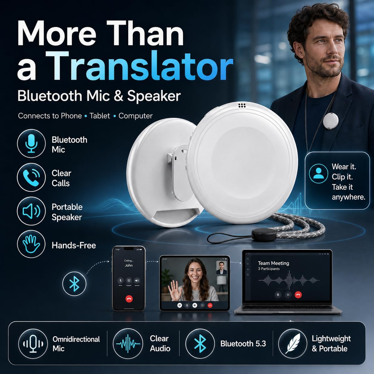Smart AI Language Translator Device, 160+ Languages Supported, Portable Wearable Translator for Spanish & English Practice, Travel, Business & Daily Communication