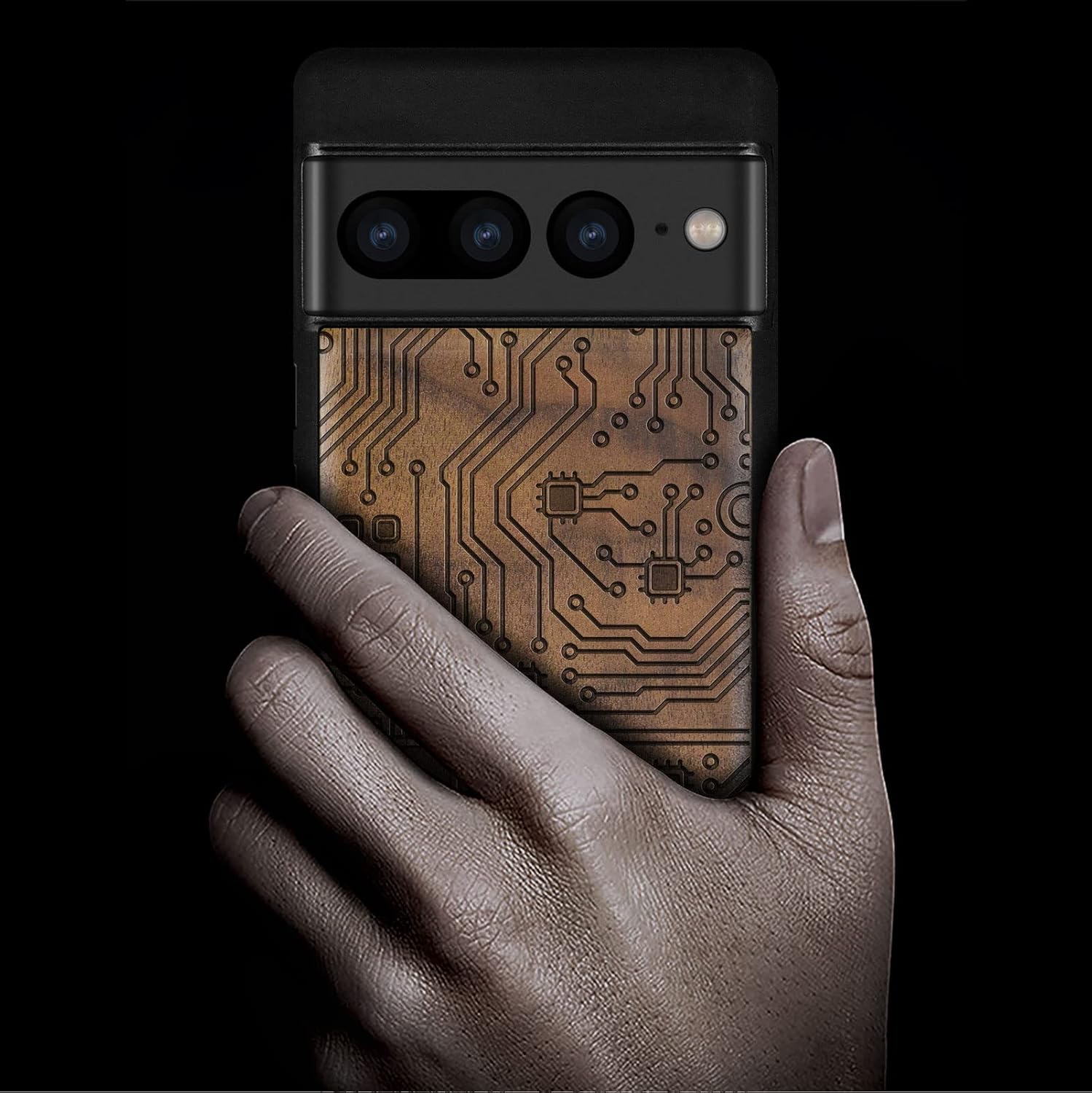 Carveit Wood Case for Pixel 7 Pro Case [Natural Wood & Black Soft TPU] Shockproof Protective Unique & Classy Wooden Cover Compatible with Google Pixel 7 Pro (Motherboard-Walnut)
