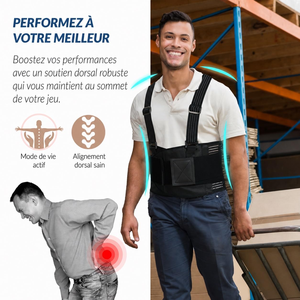 NEOtech Care Ceinture Lombaire Bretelles Soutien Dos Compression Réglable Correction Posture Noire Taille XL