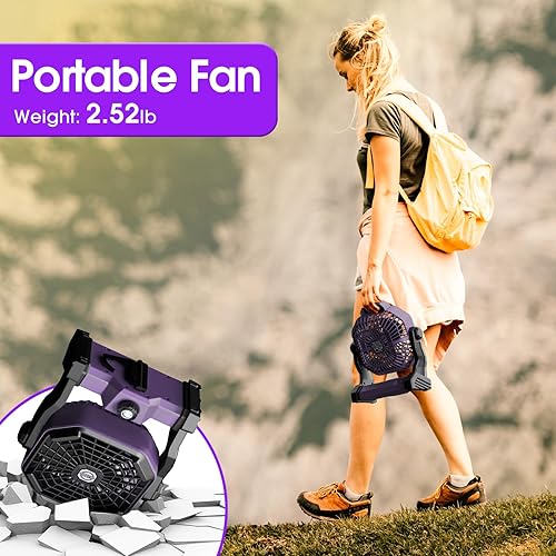 Miniatura 6 de Ventilador de camping con linterna LED, 20000 mAh, 9 pulgadas, portátil, recargable, con velocidad continua y funciona con batería silenciosa, para