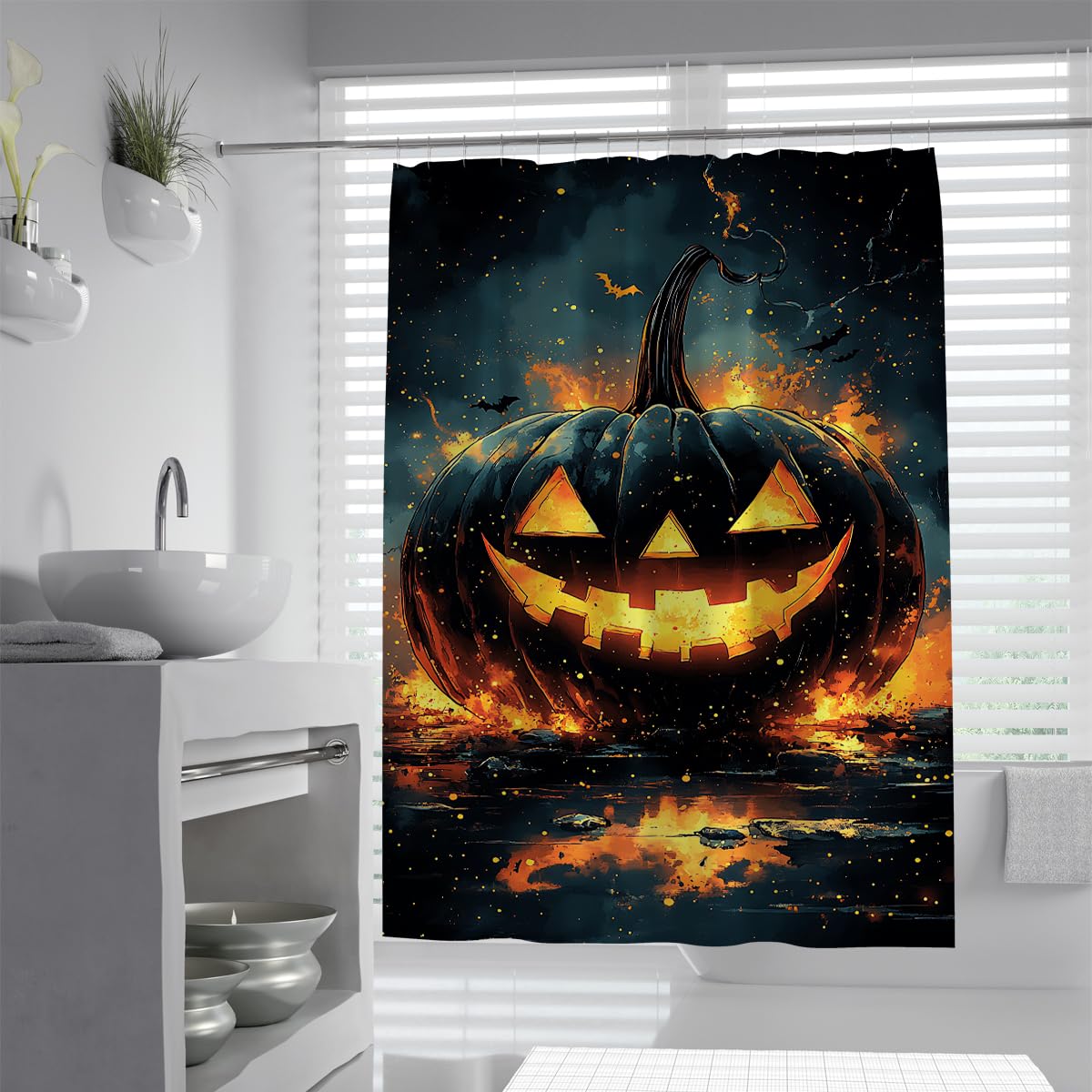 UIRINGART Spooky Halloween Bath Screen W120xL180cm Creepy Pumpkin Lantern Flying Bat Pattern Quick Drying Waterproof Shower Curtains for Walk-in Shower with Hooks