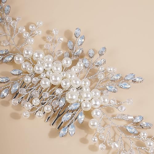 Miniatura 3 de Xerling Peine para el cabello de boda, accesorios para el cabello de cristal de ópalo, tocado de diamantes de imitación plateados para mujer, estilo