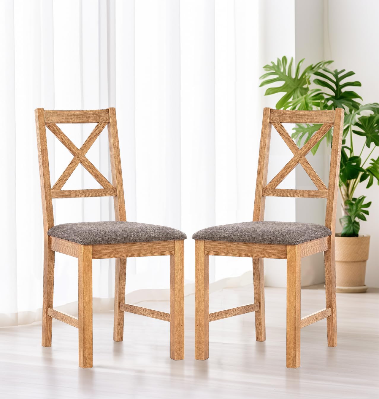 Hallowood Furniture Oak Dining Chairs Set of 2 with Grey Linen Fabric Seat Pad, Modern & Stylish ...