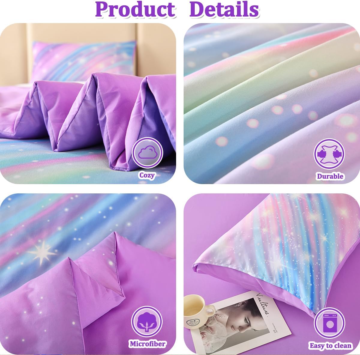 Full Size Bedding Set for Girls, Glitter Rainbow Comforter Set Full, 6 pcs Bed in A Bag Full Size Comforter Sets for Girls Kids, Galaxy Purple Bedding Sets with Sheets