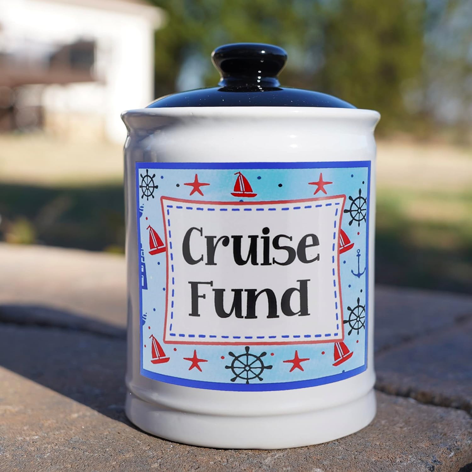 Cottage Creek Jars | Cruise Fund Piggy Bank, Travel Essentials Vacation Money Jar | Fun Birthday Gifts for Women, Men, Couples | Ceramic Travel Fund Bank, 6-Inch Cruise Essentials Jar
