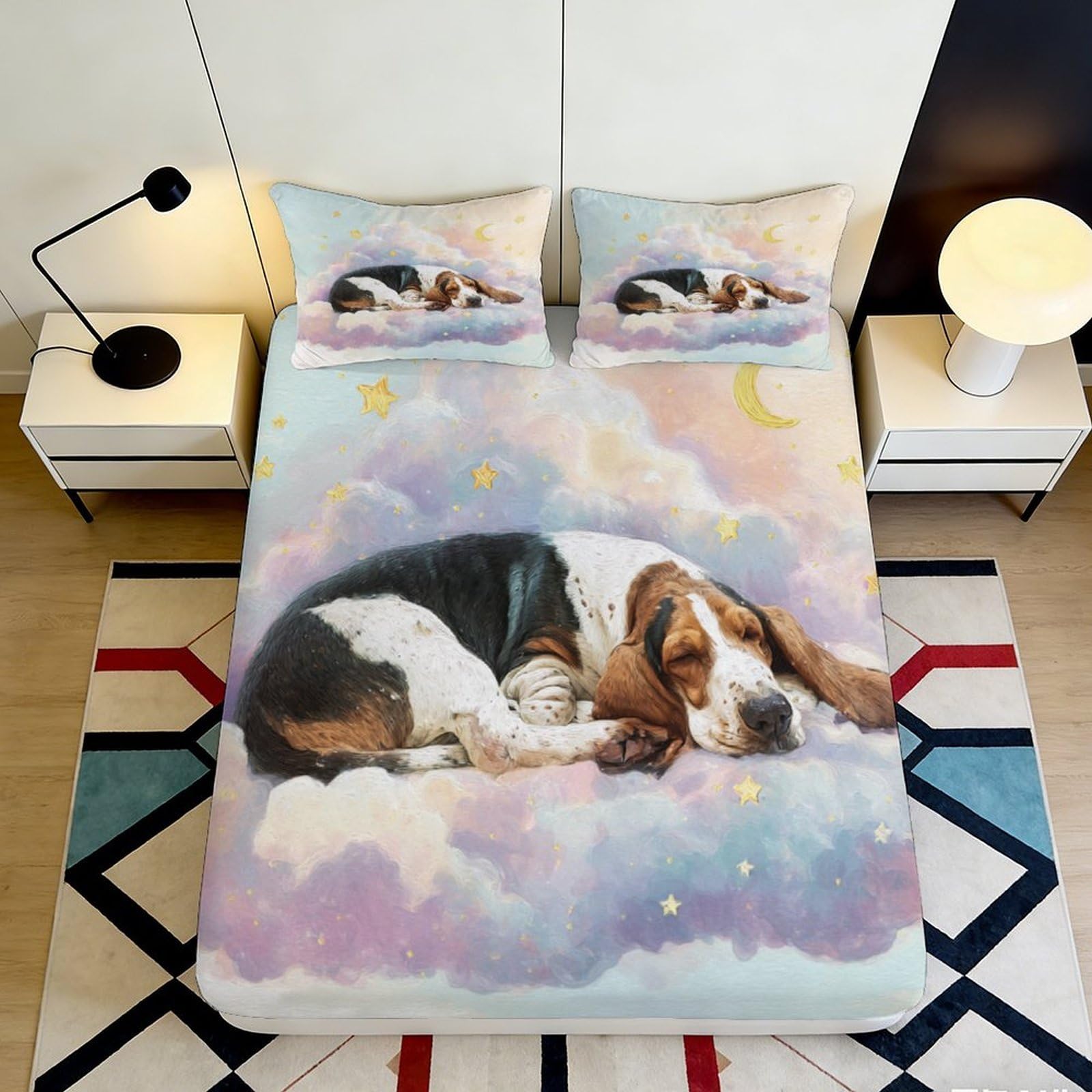 3D Printed Sleeping Dog Fitted Sheet Microfiber Soft Breathable Starry Sky Mattress Cover for Bedroom Dormitory Guest Room Protection Decor 200x200x25cm