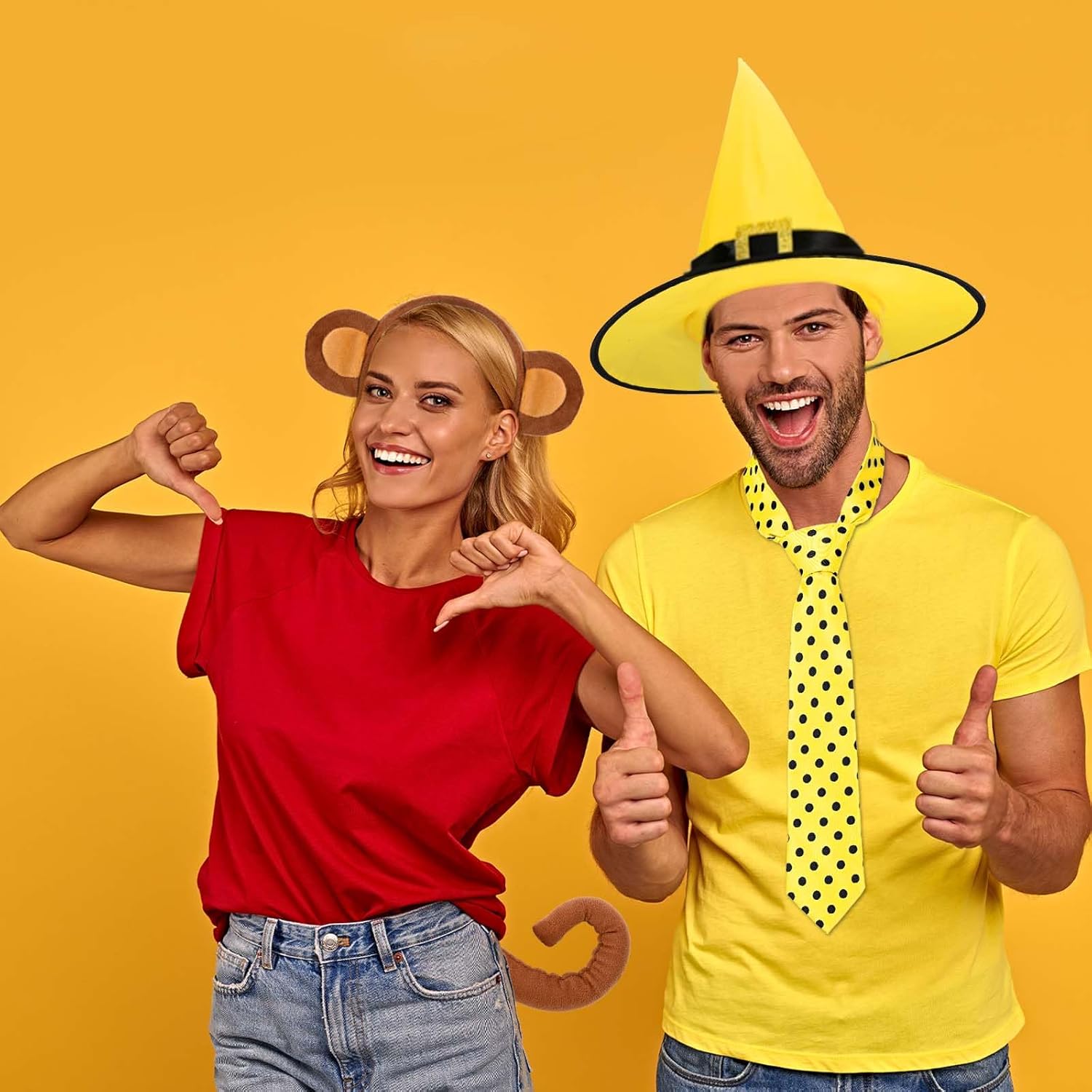 4 Pcs Halloween Couple Monkey and Yellow Costume Set Include Yellow Hat Black Polka Dots Tie Monkey Ears Headband Tails for Cosplay Unisex Dress up - Image 6