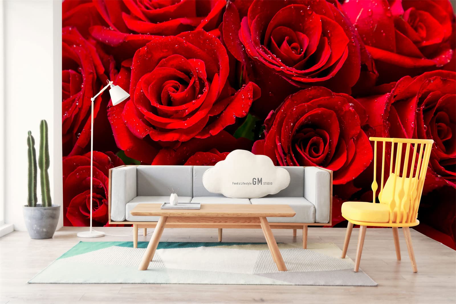 FLFK Carta da parati 3D con rose rosse e fiori, rimovibile, grande carta da parati per soggiorno, camera da letto, decorazione per la casa, 250 x 160 cm (non autoadesiva)