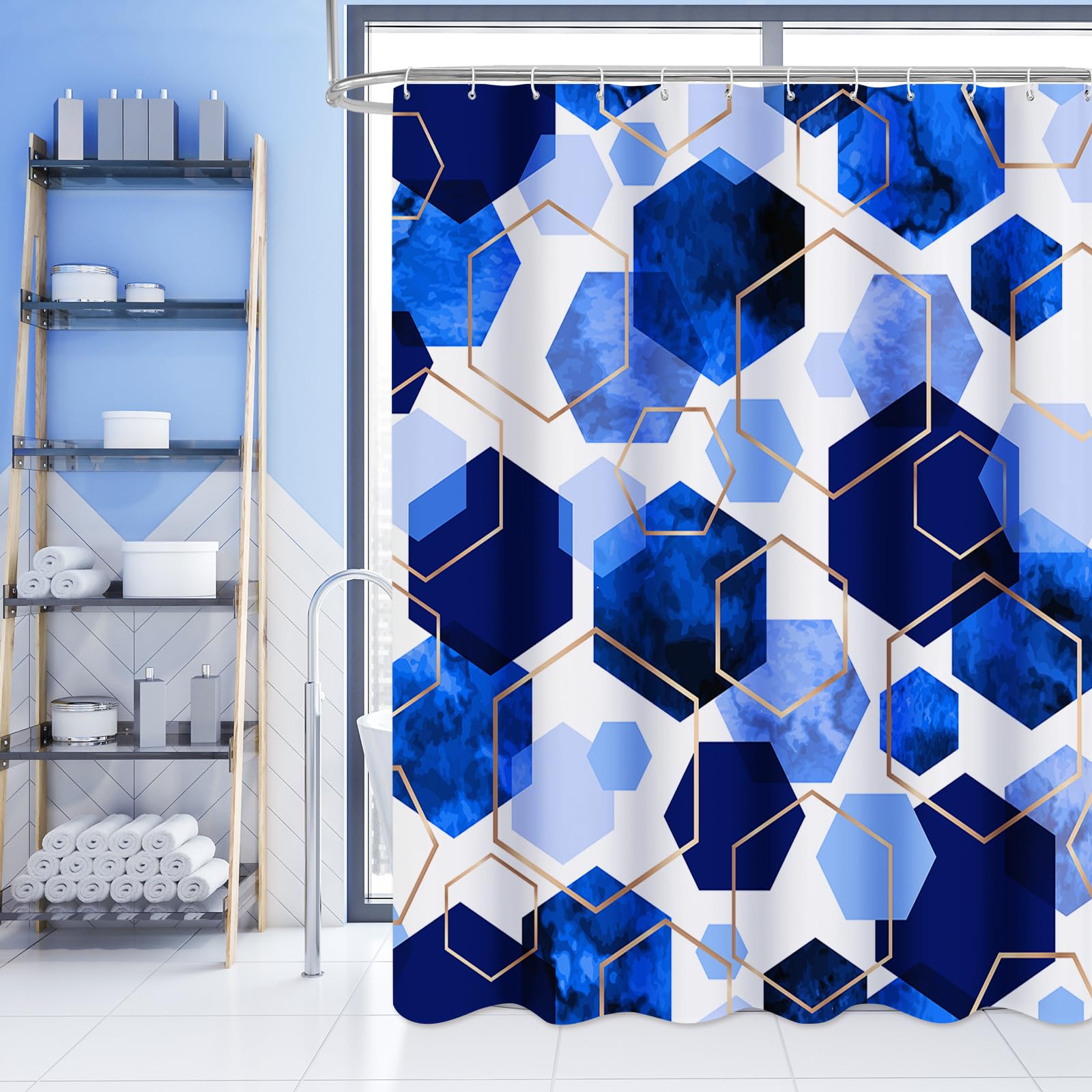 Litabel Modern Long Shower Curtain for Bathroom, Royal Blue Geometric Art Decor Waterproof Bath Curtain, Abstract Fabric Shower Curtain Sets for Home
