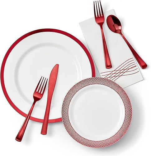 Miniatura 8 de By Madee Heavy Weight - Juego de platos y utensilios de plástico blanco y dorado de 175 piezas con servilletas similares al lino, elegante juego de