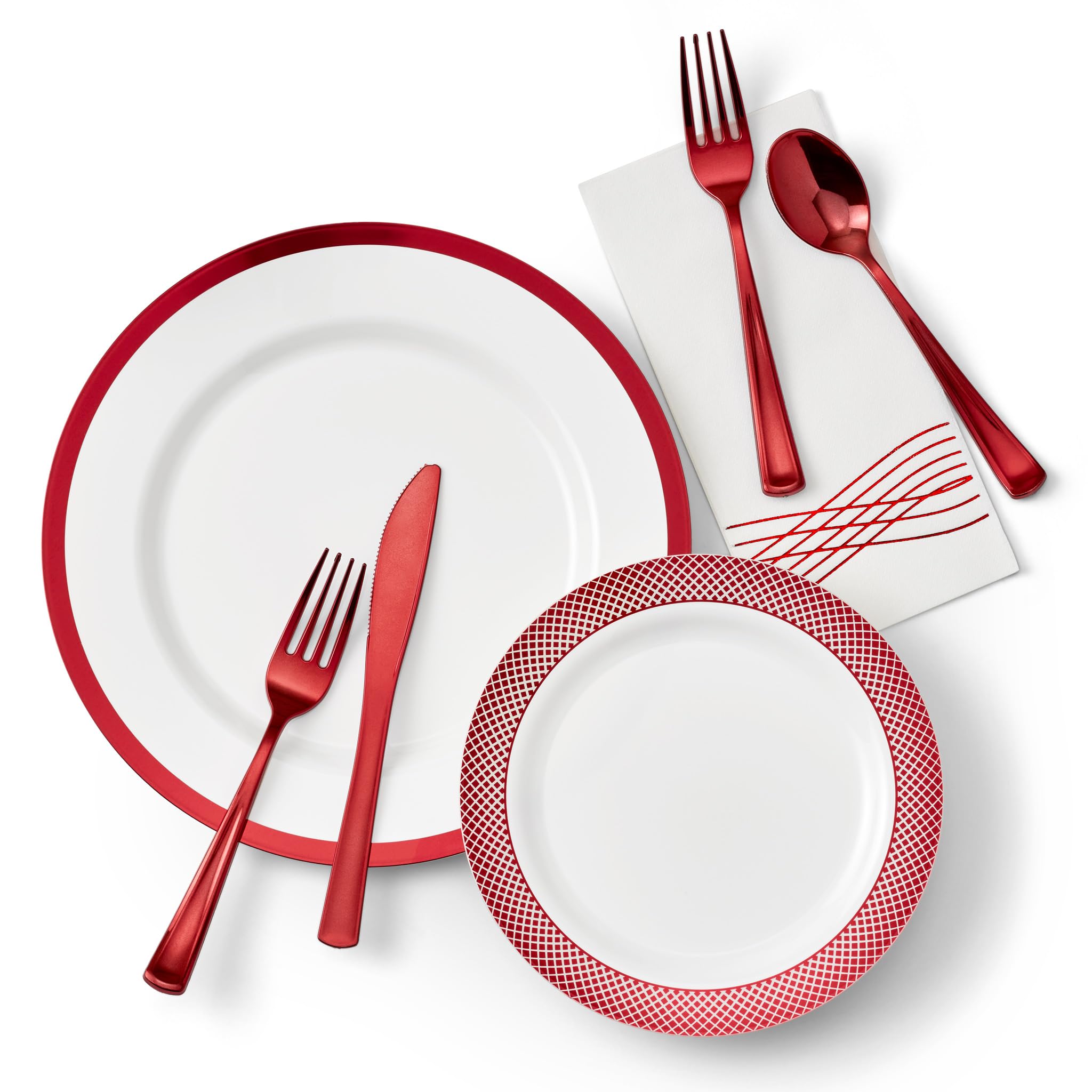 By Madee HEAVYWEIGHT 175 Pc Christmas Plates and Napkins Disposable | White with Red Trim Plastic Plates, Silverware & Napkins | Fancy Dinnerware for Weddings, Holidays & Parties (25 Guests)