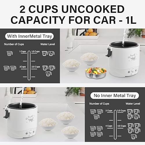 Vista 4 de OSBA Mini olla arrocera, olla de arroz pequeña de 1 litro, 2 tazas sin cocer, arrocera de viaje de 12 V para automóvil con vapor, mantiene el calor