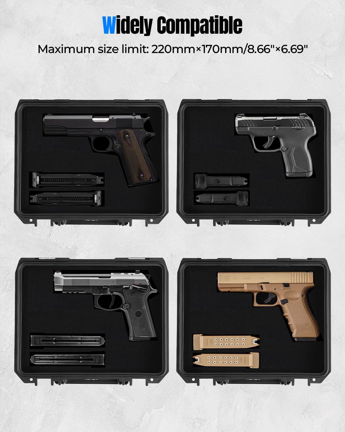 Gun Case for Handguns, Hard Shell Pistol Case for 1-2 Guns & 2-4 Magazines, Heavy-Duty Waterproof TSA-Friendly Firearm Air Travel Carrying Case Fits Glock, Beretta, S&W, Sig Sauer with Pre-Cut Foam