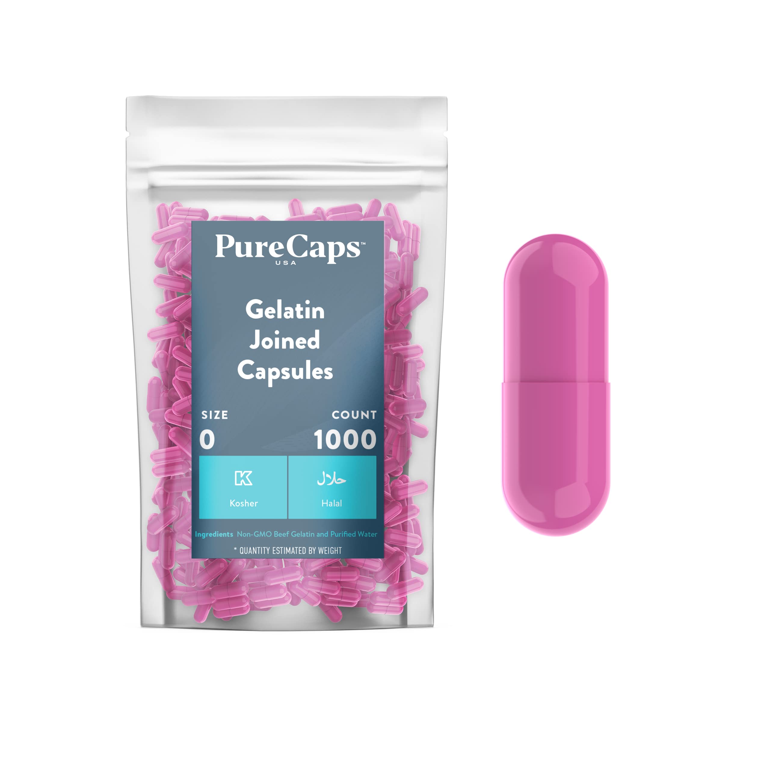 PureCaps USA - Empty Gelatin Capsules Size 0| 1,000 Joined Pills| Pink| Non-GMO Certified | SLS, Gluten, Preservative Free