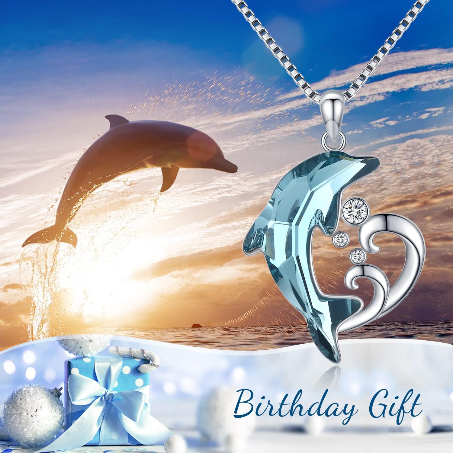 TwoAnts Sterling Silver Dolphin Pendant Necklace with Blue Crystal Dolphin Beach Themed Ocean Wave Jewelry for Women or Daughter's Birthday - Image 7