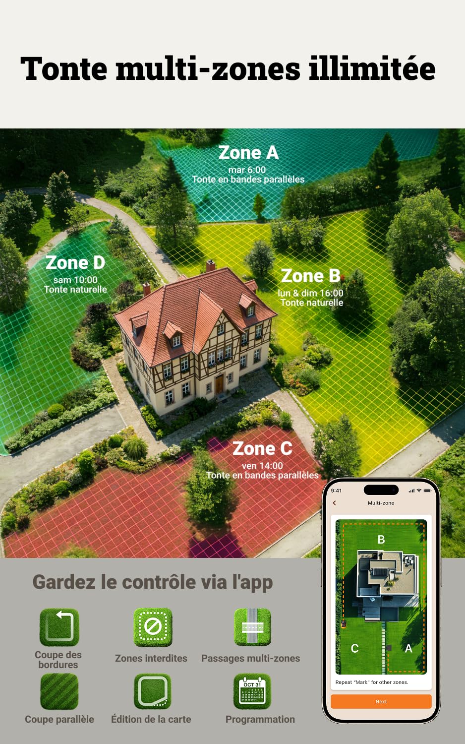 WORX Vision Cloud 2WD Robot Tondeuse WR318E, sans Fil périphérique, jusqu'à 1800 m² (évitement d'obstacles par IA, Navigation VSLAM + RTK Cloud, cartographie Auto, contrôle Via l'app, Cut-to-Zero) - 5