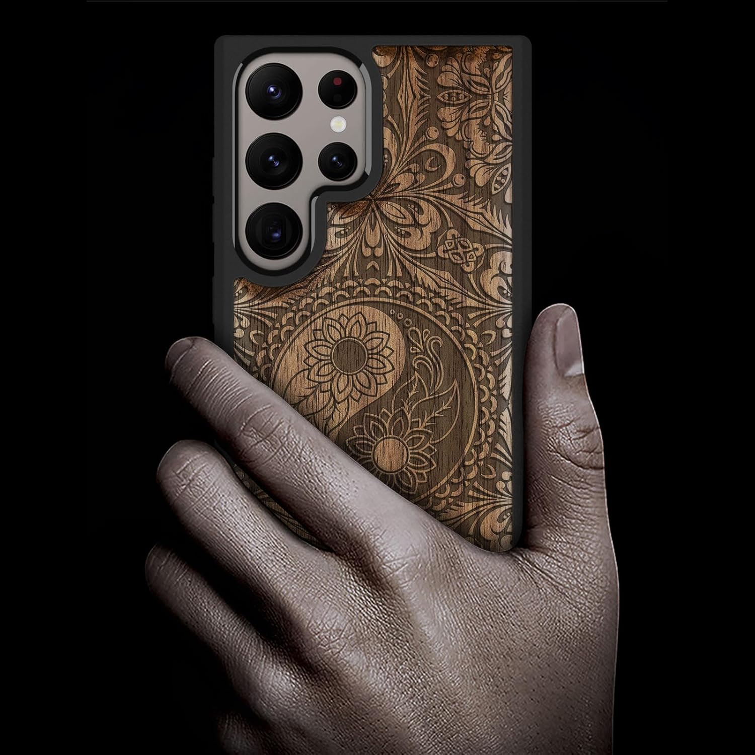 Carveit Wood Case for Galaxy S24 Ultra Case [Natural Wood & Black Soft TPU] Shockproof Protective Cover Unique Wooden Design Compatible with Samsung S24 Ultra (The Yin Yang Mandala-Rosy)